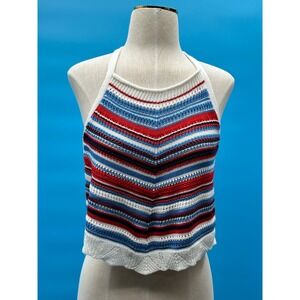 Juniors L Striped Halter Crop Top Crochet Knit Back‎ Tie Summer Beach USA